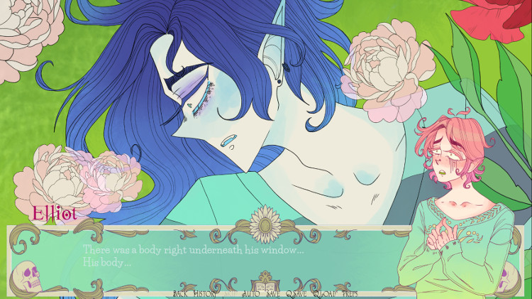 A Ghost Story screenshot showing artwork of Lucian, beautiful but lying on the ground with glassy eyes and flowers around him. Text from Elliot's POV reads, 'There was a body right underneath his window... His body...'