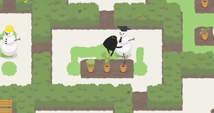 Screenshot from A Good Snowman is Hard to Build of a blobby black figure with arms and legs hugging a snowman wearing a graduation cap, in a cute little garden with grass and hedges and snow.