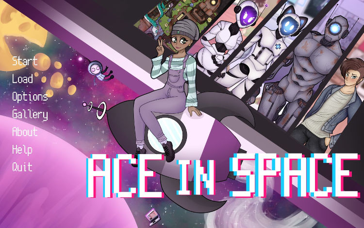 Screenshot from Ace in Space - Menu screen showing the player character riding on a rocket with ace pride flag colors, all the love interests (various robots and one human guy) in the background.