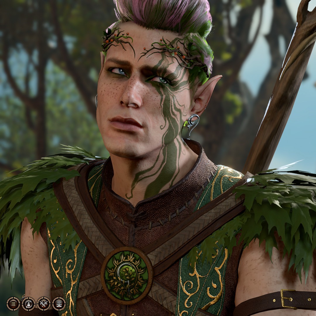 Screenshot of my character in Baldur's Gate 3. He has light skin, freckled cheeks and shoulders, pointy ears, green hair with pink highlights that is braided on the sides and sorta mohawk on top, one green and one blue eye, and a squiggly vinelike green tattoo around his eye and down his face and neck. A crown of little branches and berries rests on his forehead. His clothes are green and brown with leaves on the shoulders. Forest is behind him.