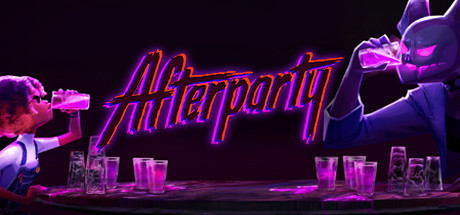 Afterparty Promo Image - Neon, high contrast art of a girl and a demon sitting on opposite ends of a table, both drinking, with lots of empty and full glasses in front of them.