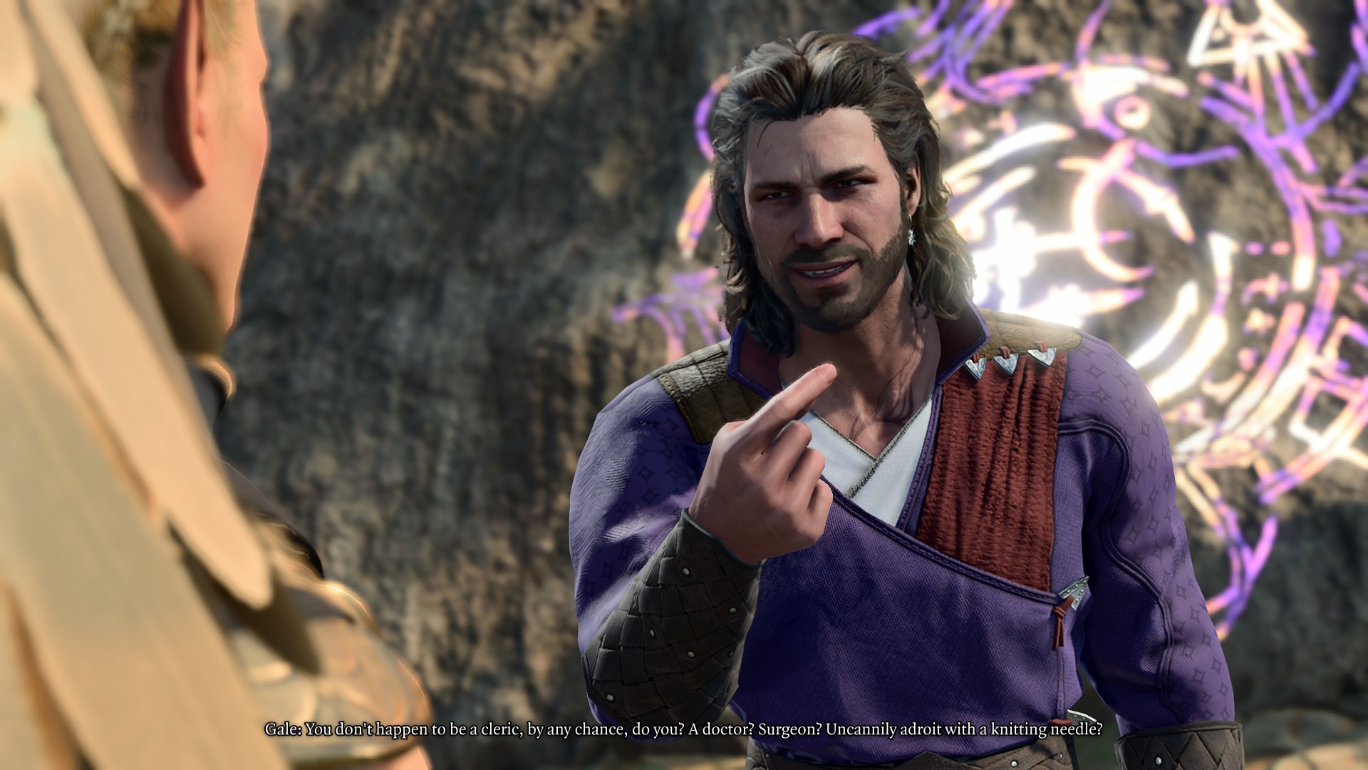 BG3 screenshot of Gale, a human, saying, 'You don't happen to be a cleric, by any chance, do you? A doctor? Surgeon? Uncannily adroit with a knitting needle?' while animatedly moving his finger in a knitting motion.