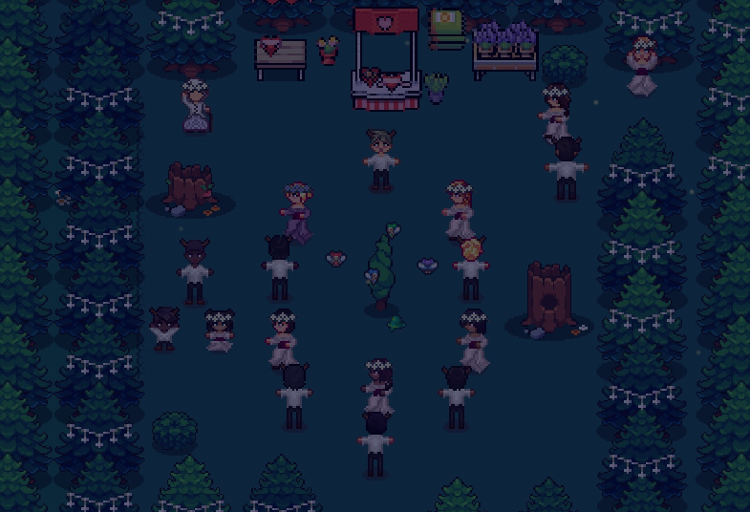 Screenshot from Brookhaven Grimoire of characters all dancing in a forest at a festival.