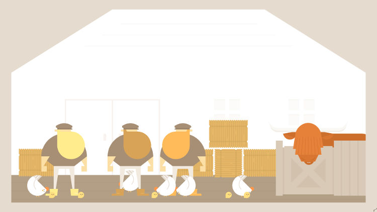 Screenshot from Burly Men at Sea with cute blocky art using a lot of simple shapes and colors showing three burly men with large beards in a barn with some hens and baby chicks walking around by their feet. Also a brown cow.