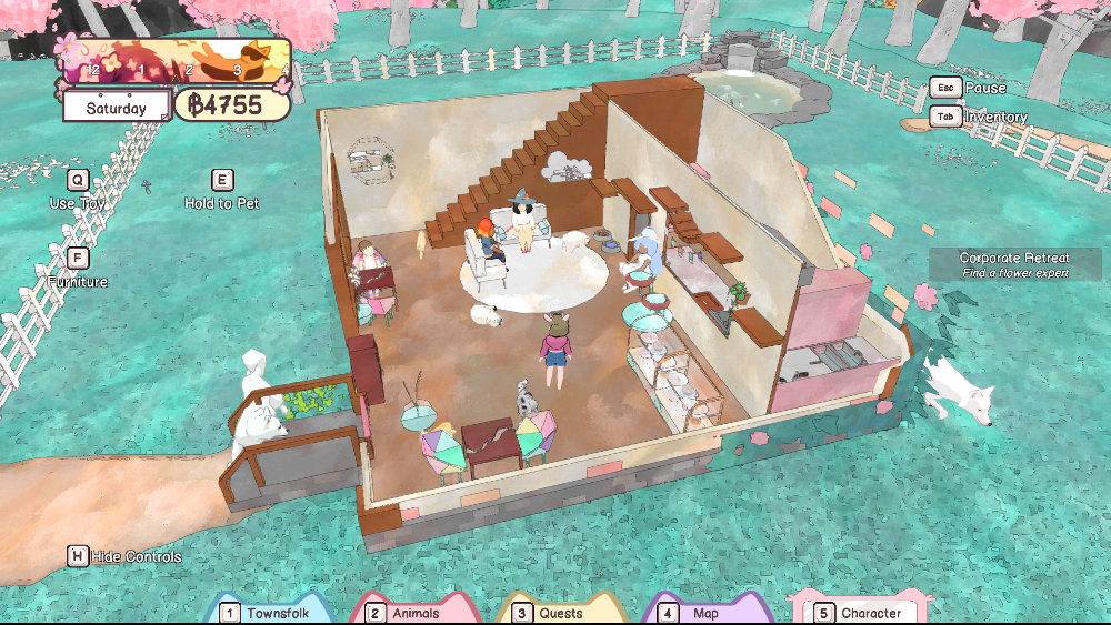 Screenshot from Calico showing my cafe with a cute but modern style. There are two white couches on a white rug, some tables with colorful blocky chairs, small bookshelves on the walls, cat climbing towers. A few guests are seated, and animals are wandering around.