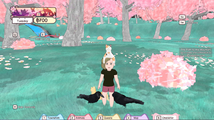 Screenshot from Calico showing my character standing in a magical looking forest with pink trees, a calico cat on her head, with two ravens and another cat standing around her feet