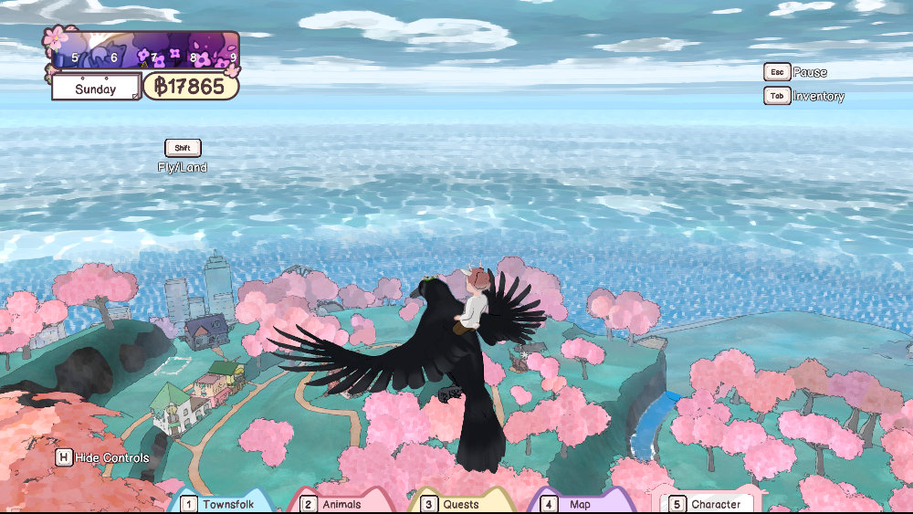 Screenshot from Calico showing my character riding on the back of a horse-sized crow flying in the sky, looking down at the town and a forest with pink trees, all at the coast of an endless ocean.
