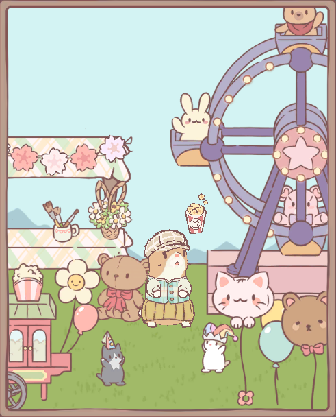Cats & Soup screenshot of a tan and white cat wearing old-timey clothes at a carnival with a teddy bear next to him and around him are a ferris wheel, a popcorn stand, balloons and a little market stall.