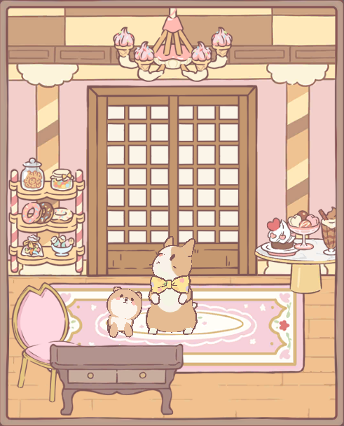 Cats & Soup screenshot of a tan and white wearing a polka dot bowtie with a poofy little dog next to him, in a whimsical room with pink walls and swirly brown columns and tables and shelves with candies and treats.