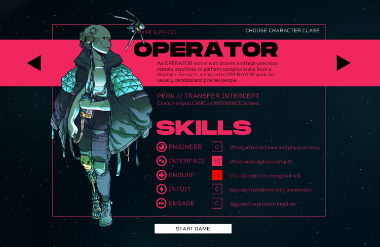 Screenshot from Citizen Sleeper - Screen where you choose your character class, this one is Operator, a slender android frame. Text says, 