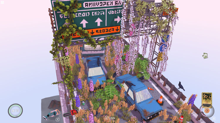 Screenshot from Cloud Gardens of a portion of highway floating in a cloudy void, with a couple broken down cars, some crows, and lots of plants all over everything, including the ground and the signs above the road. The style is somewhat realistic but pixel-y.