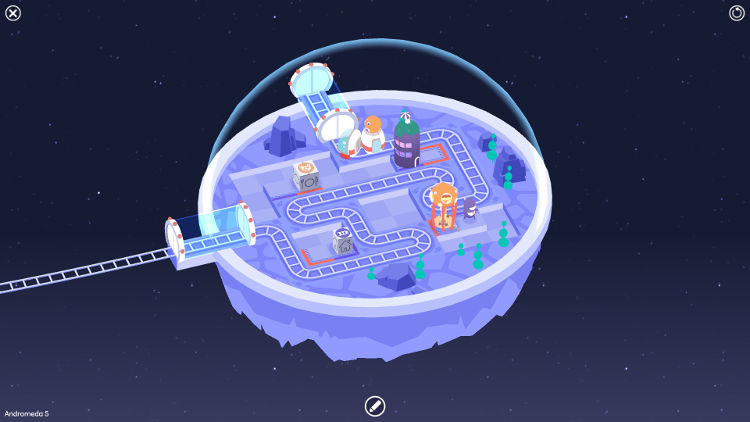 Screenshot from Cosmic Express of a little dome in space with a train track weaving about connecting two doors, a cute purple alien standing on a platform, and a cute orange alien riding in a car on the track.