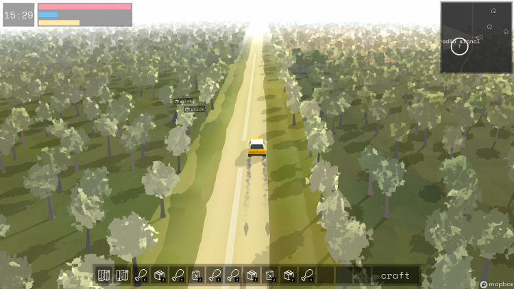 Screenshot from Dead Run of a car driving along a road with nothing but forst on both sides, in a simple blocky 3D style.