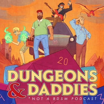 Dungeons and Daddies Promo Image - Four dads standing around a car in a foreign land.