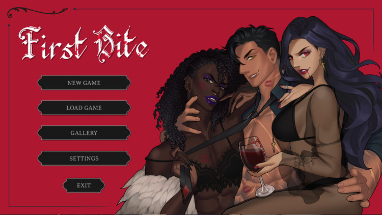 Screenshot from First Bite showing all three characters cuddled up intimately, both Valeria and Laurel basically on Ilyas's lap (Ilyas is big and hunky enough to hold them both). Ilyas has one arm around each. Laurel is sexily pulling on the loose tie around Ilyas's neck. Valeria holds a wine glass of blood.