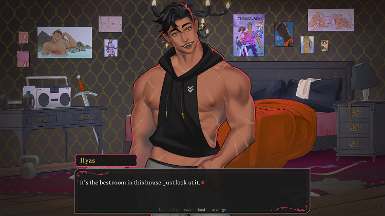 Screenshot from First Bite showing Ilyas, a big, hunky, muscular man/vampire, with a look of innocent delight on his face and little sparkles around it. He's standing in his room, which is messy with pin-ups all over the wall, saying: It's the best room in this house. Just look at it.