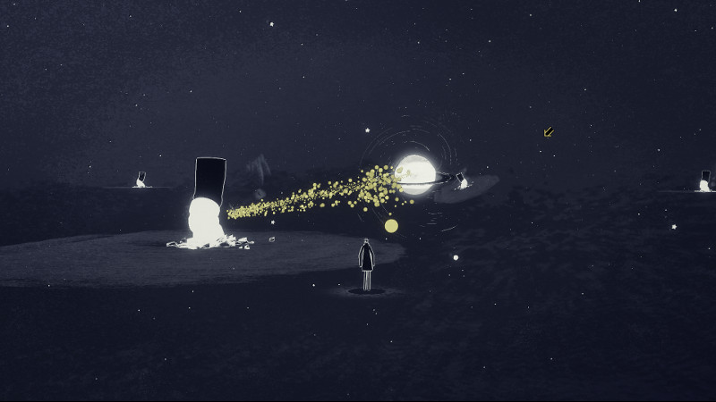 Genesis Noir screenshot with stylistic art using only dark blue, gold, black, and white showing a barren landscape with what looks like cigarettes sticking out of it and a trail of golden spheres leading away from the man in the foreground toward Saturn.