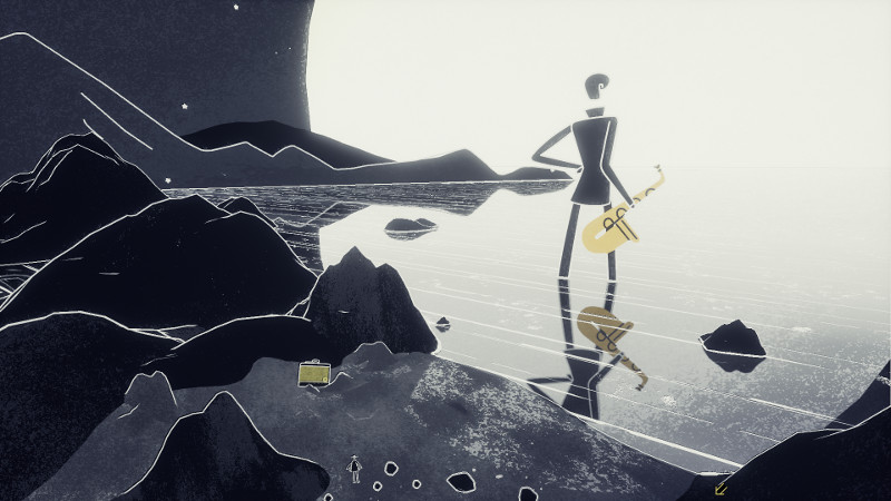 Genesis Noir screenshot with stylistic art using only dark blue, gold, black, and white showing a tiny man in the foreground wearing a coat and hat, looking at a giant man with a pompadour holding a saxophone and standing in the shallow water on the beach.