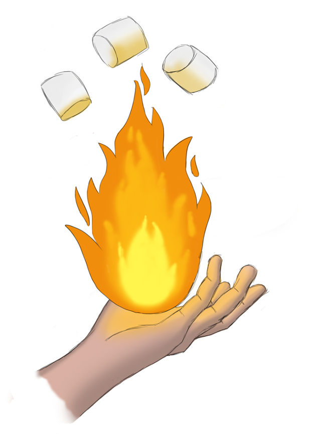 Photoshop painting of a hand holding a magic ball of fire with toasted marshmallows floating above it
