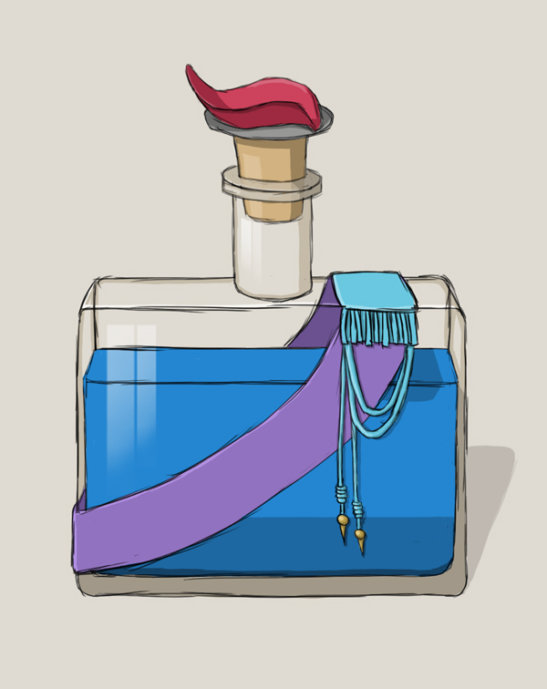 Photoshop painting of a blue potion in a rectangular bottle with a purple sash across it, some blue fringe and rope decoration, and a flower petal on top of the cork