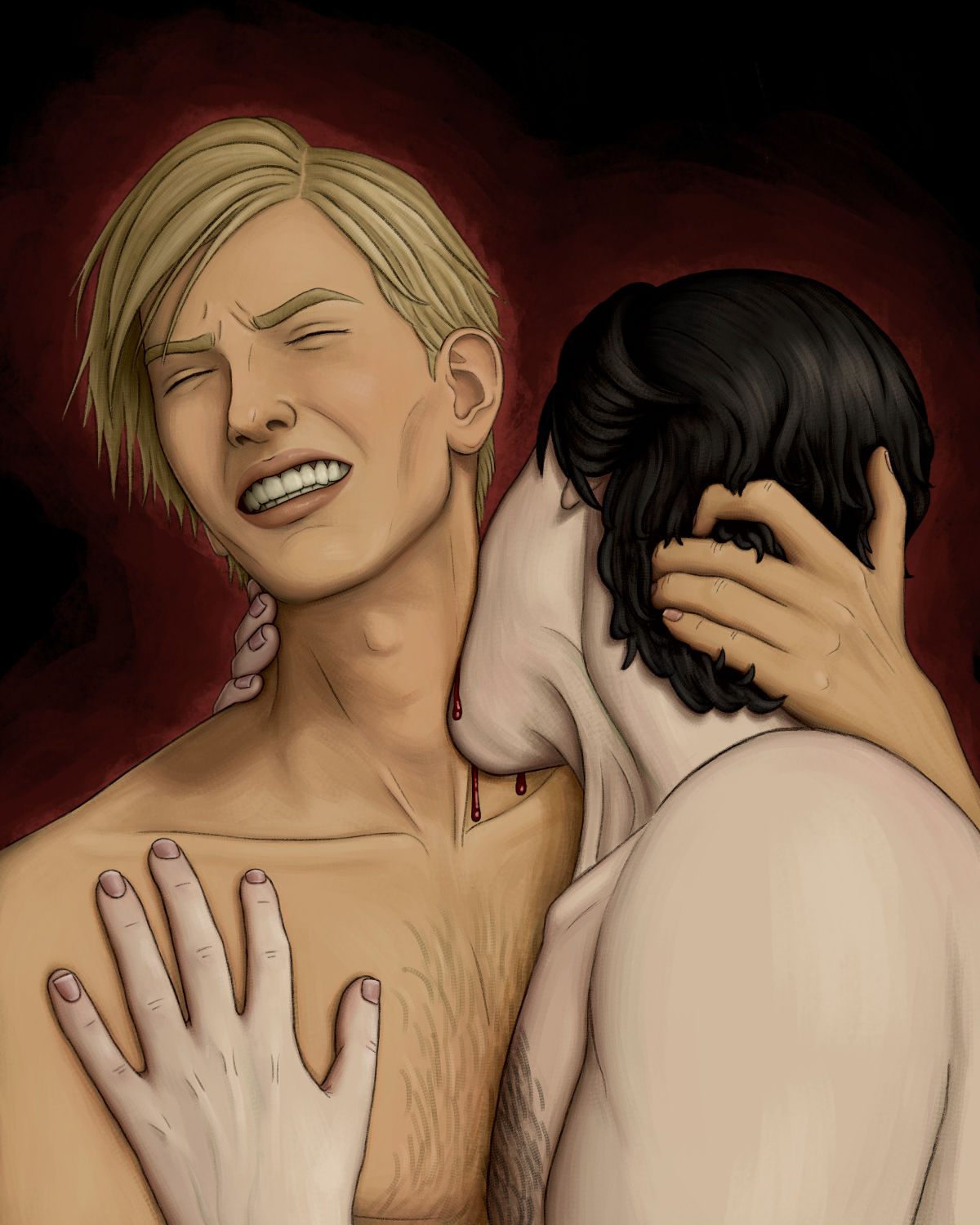 Digital art of a pale dark-haired vampire biting a tan blond man on the neck. The blond man's teeth are bared and eyes are scrunched in pain/pleasure, his hand is around the vampire's neck pulling him closer. The vampire has one hand around the man's neck, the other hand resting on his chest.