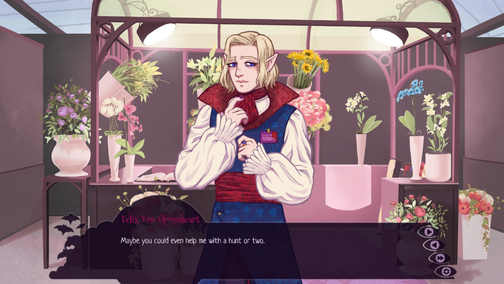 Screenshot from Lovingly Evil of a pale, blonde vampire in old timey clothes named Felix von Gloomheart, blushing and saying, 'Maybe you could even help me with a hunt or two.'