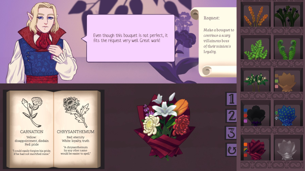 Screenshot from Lovingly Evil of the flower mini game. There are instructions to make a bouquet to convince a scary villainous boss of their minion's loyalty. There's a book with flowers, their image, and info about what they represent. There are options on screen for decorate flowers and wrappings to add. My bouquet is finished and wrapped in red paper. Felix is saying, 'Even though this bouquet is not perfect, it fits the request very well. Great work!'