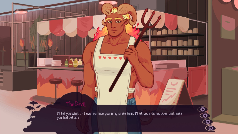 Screenshot from Lovingly Evil of a muscular, orangey-tan skinned devil with flaming hair wearing an apron with no shirt, saying, 'I'll tell you what. If I ever run into you in my snake form, I'll let you ride me. Does that make you feel better?'