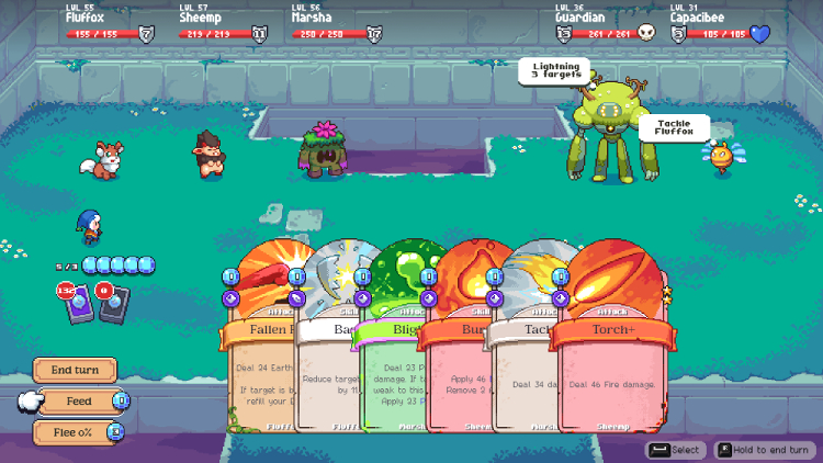 Screenshot from Moonstone Island showing my spirits in card-based combat against enemies.