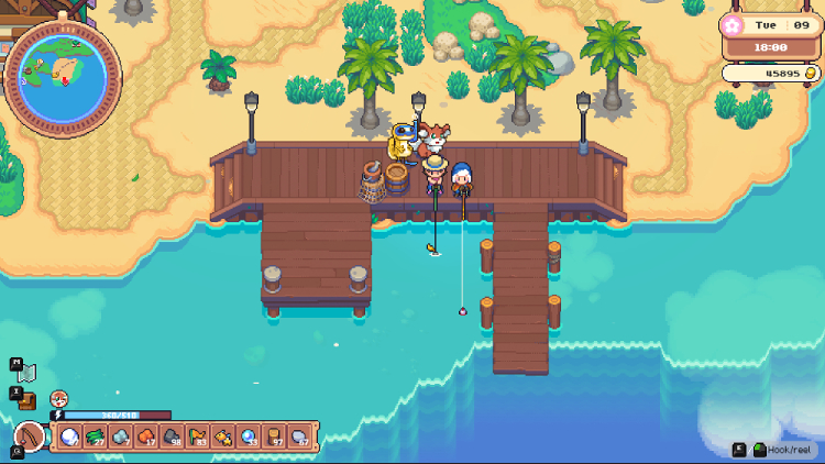 Screenshot from Moonstone Island. Cute pixel art of my white-haired character fishing on a dock with a guy in a straw hat. Near us are two creatures, a big lizard wearing a snorkel and a fluffy fox.