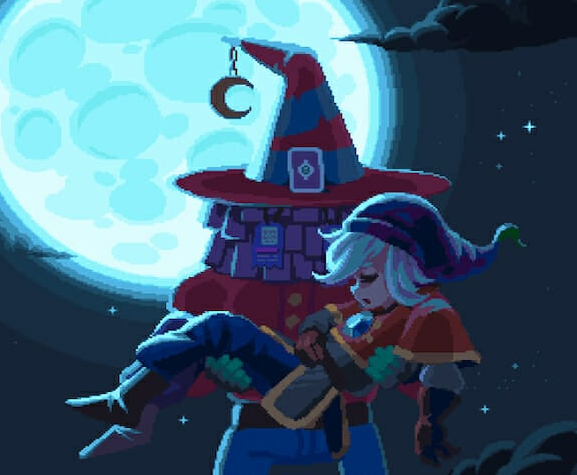 Screenshot from Moonstone Island. Cute pixel art of a man whose face is covered by cards that look like they might be attached to his pointy hat, carrying the player character who is passed out in his arms.