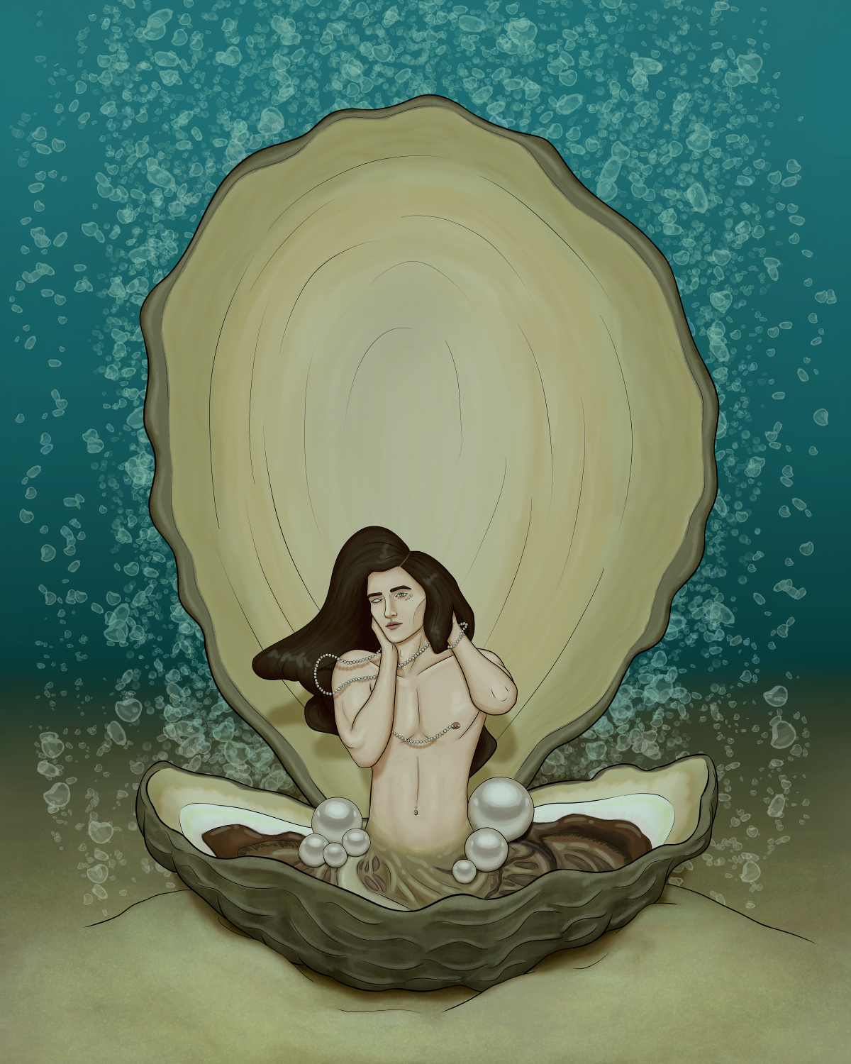 Digital art of a giant oyster shell open with a man's torso connected to the goop inside. He has fair skin and long dark brown hair that is flowing luxuriously in the water. He is posing seductively with one hand on his face, the other on his neck, his head tilted just a bit to the side and down. All his jewelry is pearls, a necklace, a bracelet, nipple piercings that are connected with a string of more pearls, belly button piercing, three anti-eyebrow piercings (under the eye), one above his top lip in the middle. One of his eyes is a pearl with a small scar under it. Seven pearls ranging from pool ball to volleyball size are resting next to his torso inside the shell. He's underwater in a pile of sand with a wall of bubbles behind him.