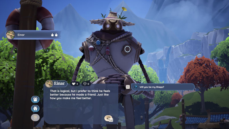 Screenshot from Palia of Einar, a large robot wearing fishing bobbers as accessories and a yellow flower in his hat, saying, 'That is logical, but I prefer to think he feels better because he made a friend. Just like how you make me feel better.'