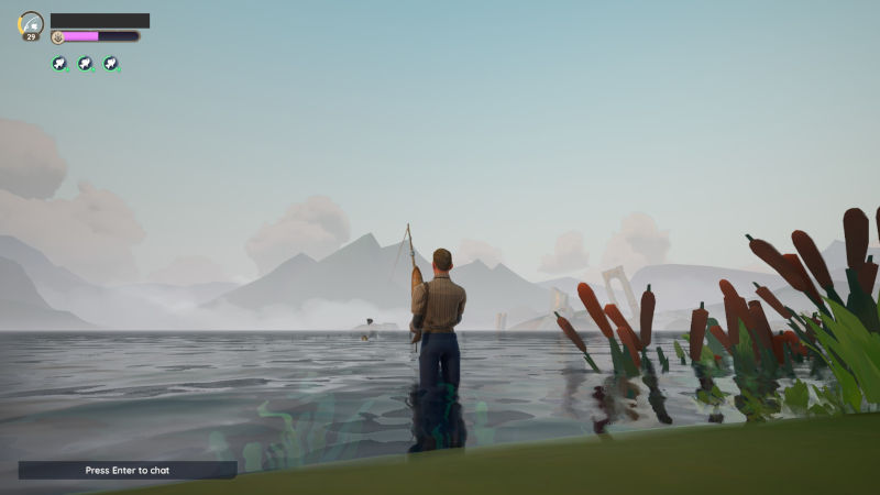 Screenshot from Palia of my character in a beige turtleneck, standing thigh deep in some water, fishing, looking out over the water. It's very peaceful.