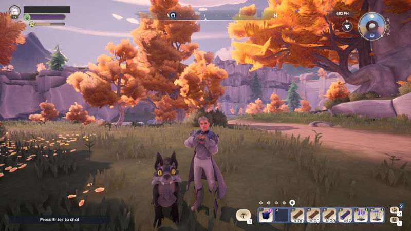 Screenshot from Palia of my character standing next to a silly wolf-like creature and making a heart shape with his hands.