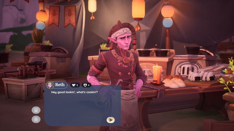 Screenshot from Palia of Reth at a food stall with a playful, flirty look saying, 'Hey, good lookin, what's cookin?'