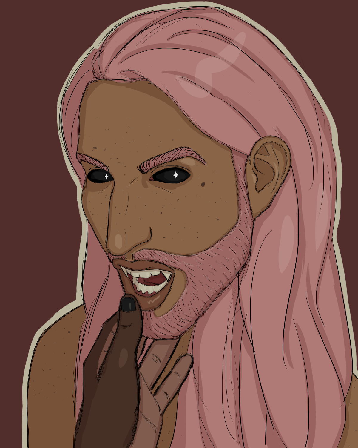 Messy digital art of a vampire with brown skin, freckles, fully black eyes with wicked little twinkles in them, long pink hair, pink brows, and a neat pink mustache and beard. His mouth is open, showing his fangs. Someone reaches from off screen, using their thumb to pull down the vampire's lower lip, other fingers under his chin.