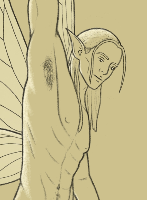 drawing of a small winged pixie man holding a flower