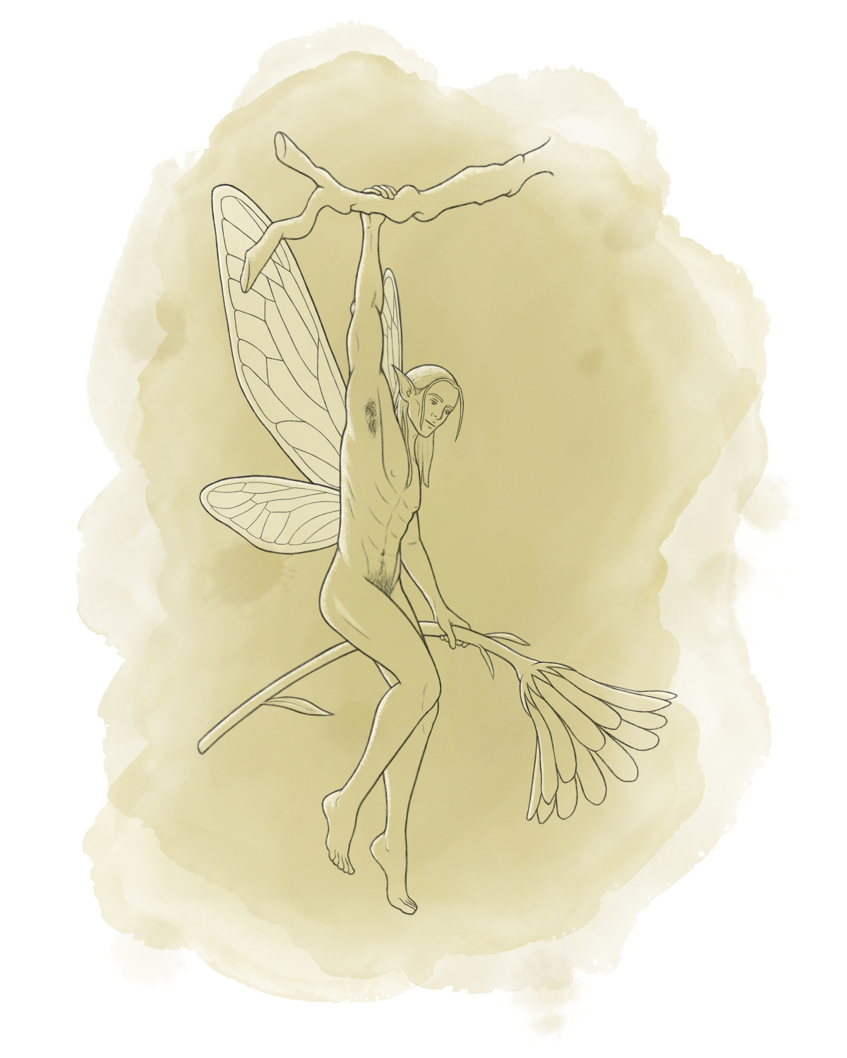 Drawing of a little winged pixie guy hanging from a branch, holding a flower as big as himself in his hand, with a splashy beige watercolor background.