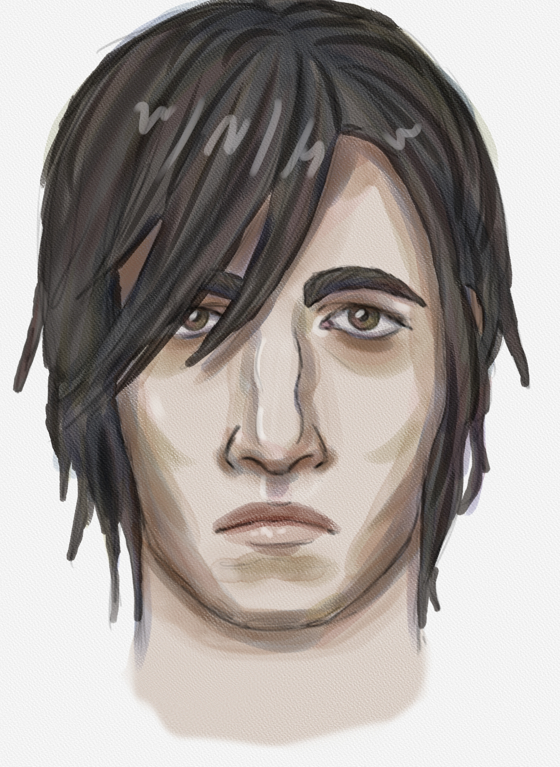 Digital watercolor of a man's face. He has messy chin length black hair partially covering one eye, light/medium skin, brown eyes that tilt down at the outer corners, a long nose with wide bridge, and a square but small chin. He's frowning a bit.