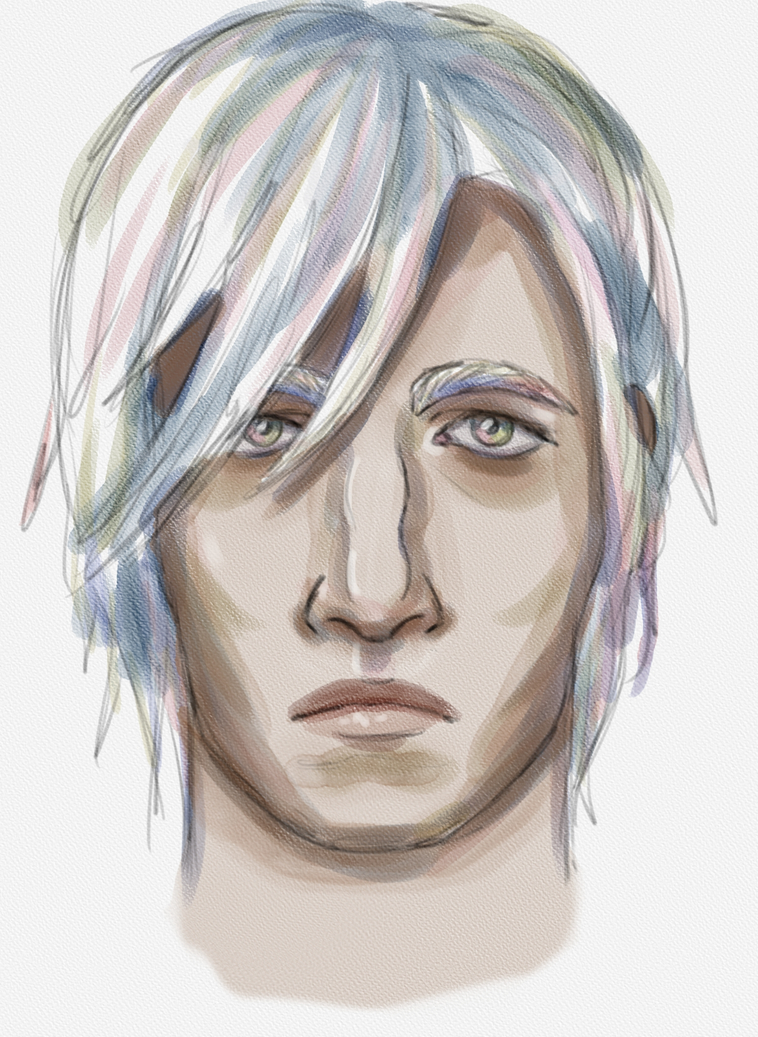 Same as before except with white hair that has messily painted pastel blue, yellow, pink, and purple in it.