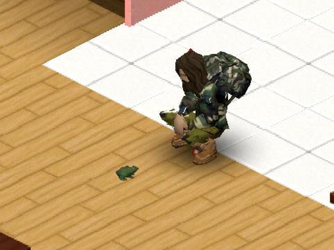 Project Zomboid screenshot of Collin in his kitchen squatting down to look at a little green frog on the ground.