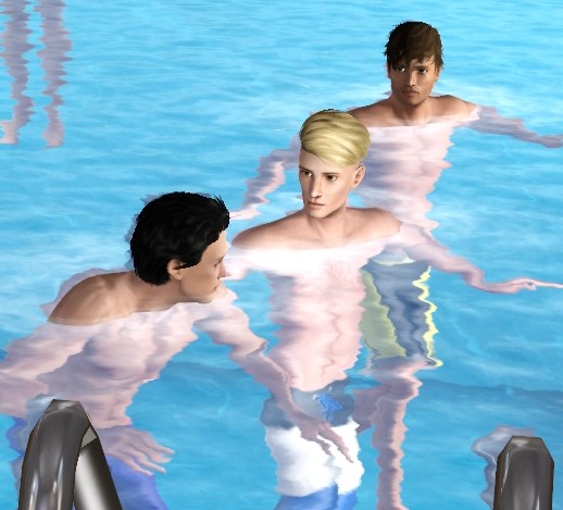 Three sims swimming together in a pool. Two are looking at the third with very concerned looks on their faces.