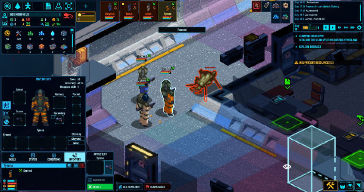 Space Haven Screenshot - Pixel art of three people in space suits pointing guns at a large bug-like creature.