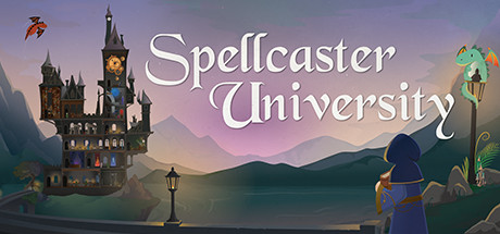 Spellcaster University - Promo image showing a castle-like school and a cute small dragon curled around a lamp post