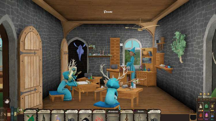 Screenshot from Spellcaster University showing a few students in teal robes with antlers on their heads sitting at desks in a small classroom with a wizardy-looking teacher
