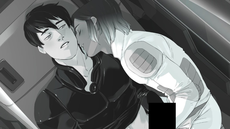 Screenshot from Starfighter: Eclipse - A young man with hair that's shaggy and black on top, shaved on the sides, is looking turned on while another young man, with straight chin length hair, is almost kissing his neck and reaching down to the first man's lap.