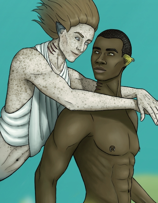 Close-up of digital painting of two mermen underwater with stingray tails. One is swimming up behind the other to hug him from behind. The other is fully vertical and turning to see behind him. Their faces are inches apart. Both are smiling. The swimming one is light skinned with lots of freckles, chin-length reddish brown hair flowing behind him, and a white piece of fabric loosely draped around the back of his neck, covering his chest, wrapping around to his back. The turning merman is dark-skinned with a shaved head, a muscular body, and curved white piercings in his ear lobe and each nipple. They're in teal water with cownose stingrays swimming by in the background.