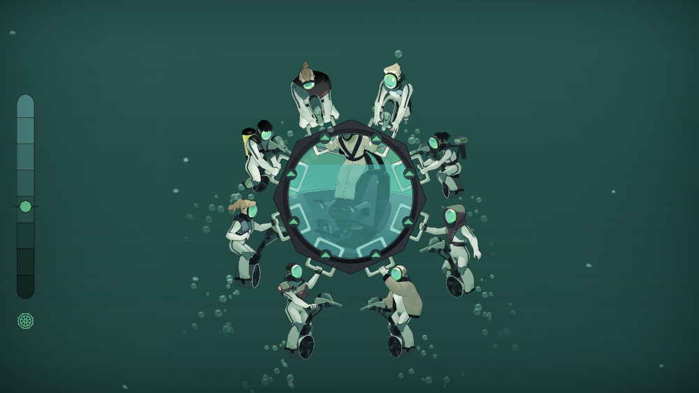 Sub-Verge screenshot of a circular sub almost full of water, a person inside it standing on the chair to keep their head above the water, the sub is surrounded by eight divers.