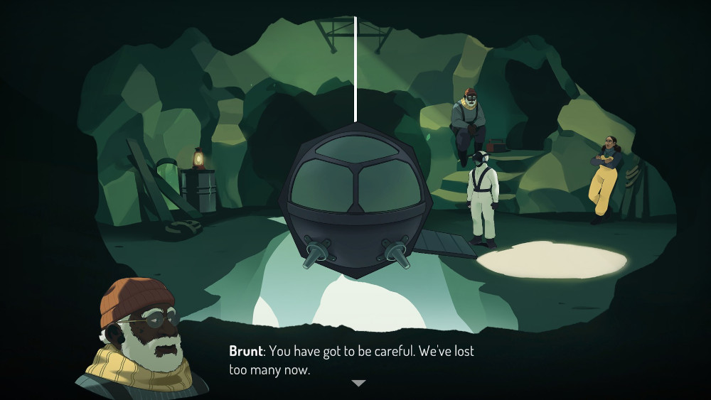 Sub-Verge screenshot of a person in a cave about to get into a circular sub, with another character named Brunt saying, 'You have got to be careful. We've lost too many now.'
